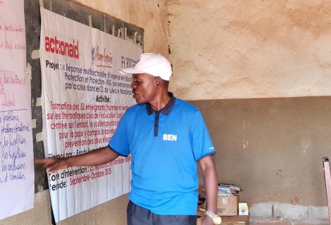 Teachers participate in a training session on child-centered teaching and psychosocial support in Mandima, Ituri.