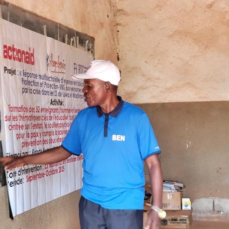 Teachers participate in a training session on child-centered teaching and psychosocial support in Mandima, Ituri.